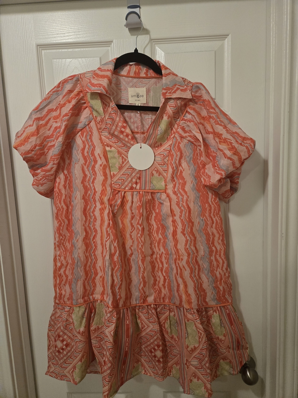 Umgee Coral Patterned Mini Dress with Green Accents